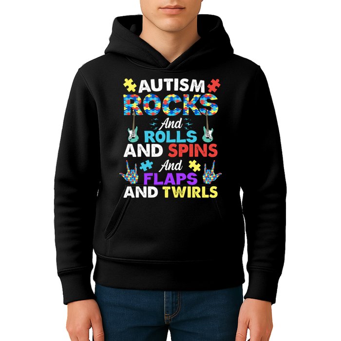 Autism Rocks And Rolls And Spins And Flaps And Twists Kids Hoodie