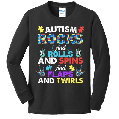 Autism Rocks And Rolls And Spins And Flaps And Twists Kids Long Sleeve Shirt