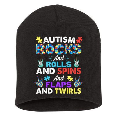 Autism Rocks And Rolls And Spins And Flaps And Twists Short Acrylic Beanie