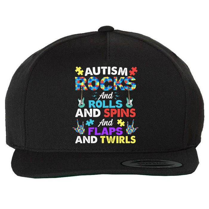 Autism Rocks And Rolls And Spins And Flaps And Twists Wool Snapback Cap