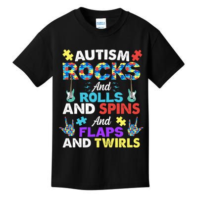 Autism Rocks And Rolls And Spins And Flaps And Twists Kids T-Shirt