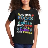 Autism Rocks And Rolls And Spins And Flaps And Twists Kids T-Shirt