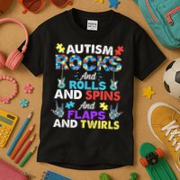 Autism Rocks And Rolls And Spins And Flaps And Twists Kids T-Shirt