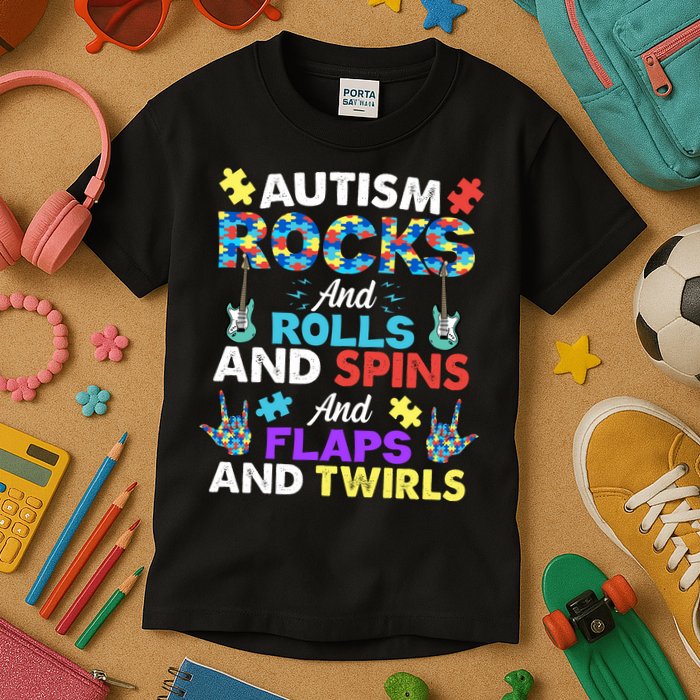 Autism Rocks And Rolls And Spins And Flaps And Twists Kids T-Shirt