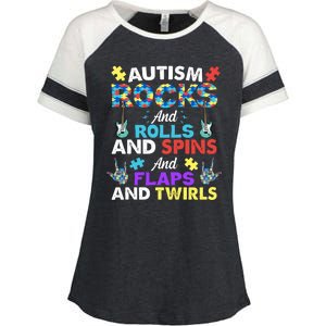 Autism Rocks And Rolls And Spins And Flaps And Twists Enza Ladies Jersey Colorblock Tee