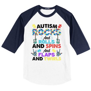 Autism Rocks And Rolls And Spins And Flaps And Twists Baseball Sleeve Shirt