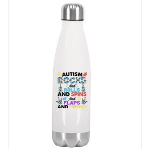 Autism Rocks And Rolls And Spins And Flaps And Twists Stainless Steel Insulated Water Bottle