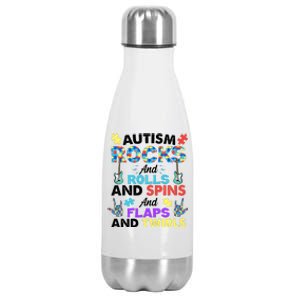 Autism Rocks And Rolls And Spins And Flaps And Twists Stainless Steel Insulated Water Bottle