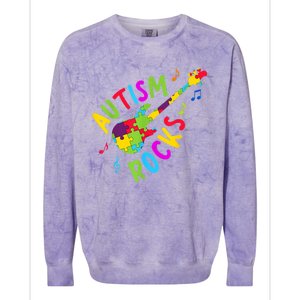 Autism Rocks Autism Awareness Guitar Puzzle Pieces Colorblast Crewneck Sweatshirt