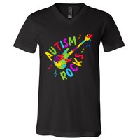 Autism Rocks Autism Awareness Guitar Puzzle Pieces V-Neck T-Shirt