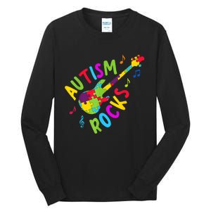 Autism Rocks Autism Awareness Guitar Puzzle Pieces Tall Long Sleeve T-Shirt