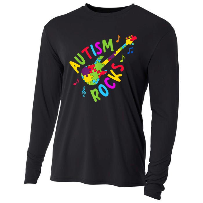 Autism Rocks Autism Awareness Guitar Puzzle Pieces Cooling Performance Long Sleeve Crew