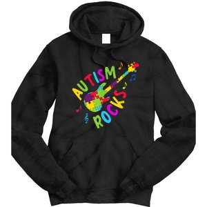 Autism Rocks Autism Awareness Guitar Puzzle Pieces Tie Dye Hoodie