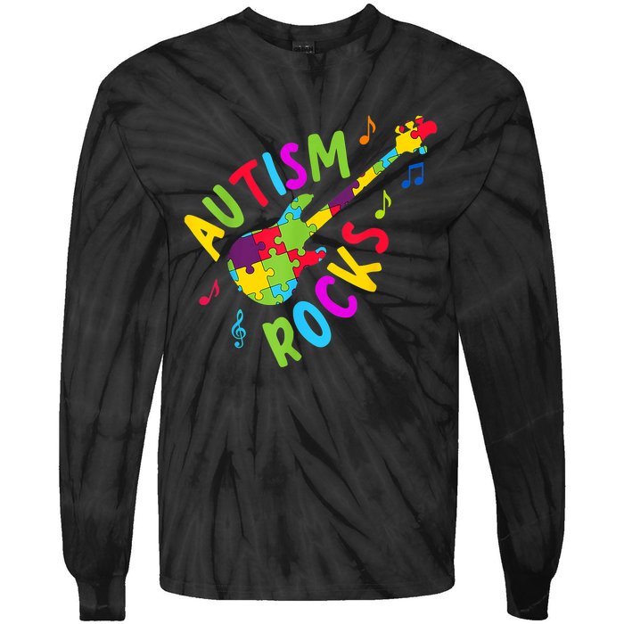 Autism Rocks Autism Awareness Guitar Puzzle Pieces Tie-Dye Long Sleeve Shirt