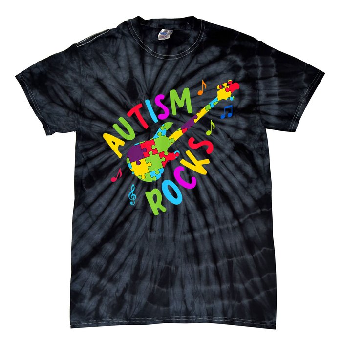 Autism Rocks Autism Awareness Guitar Puzzle Pieces Tie-Dye T-Shirt