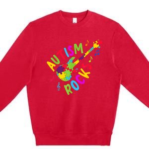 Autism Rocks Autism Awareness Guitar Puzzle Pieces Premium Crewneck Sweatshirt