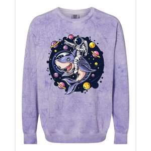 Astronauts Ride A Shark In Space ( Galaxy ) With The Planets Colorblast Crewneck Sweatshirt