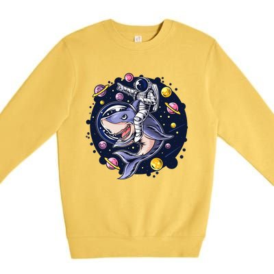 Astronauts Ride A Shark In Space ( Galaxy ) With The Planets Premium Crewneck Sweatshirt