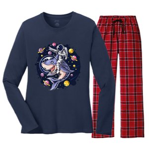 Astronauts Ride A Shark In Space ( Galaxy ) With The Planets Women's Long Sleeve Flannel Pajama Set 