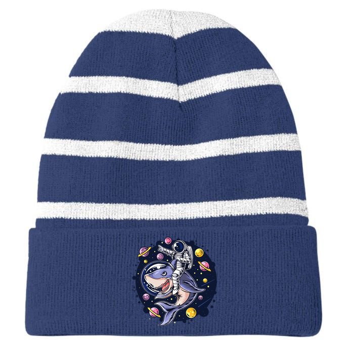 Astronauts Ride A Shark In Space ( Galaxy ) With The Planets Striped Beanie with Solid Band