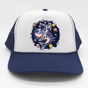 Astronauts Ride A Shark In Space ( Galaxy ) With The Planets Trucker Hat