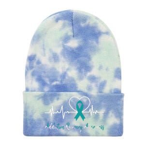 Addiction Recovery Awareness Heartbeat Teal Ribbon Support Tie Dye 12in Knit Beanie