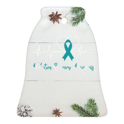 Addiction Recovery Awareness Heartbeat Teal Ribbon Support Ceramic Bell Ornament