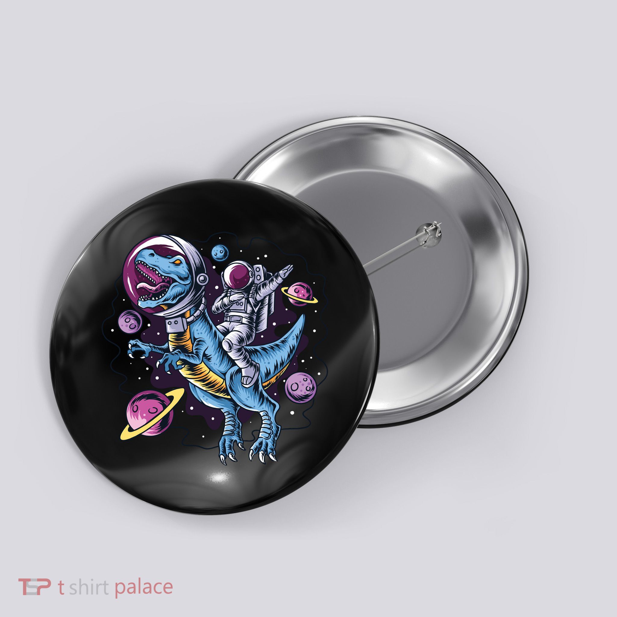 Astronaut Riding A Dinosaur In Space Button