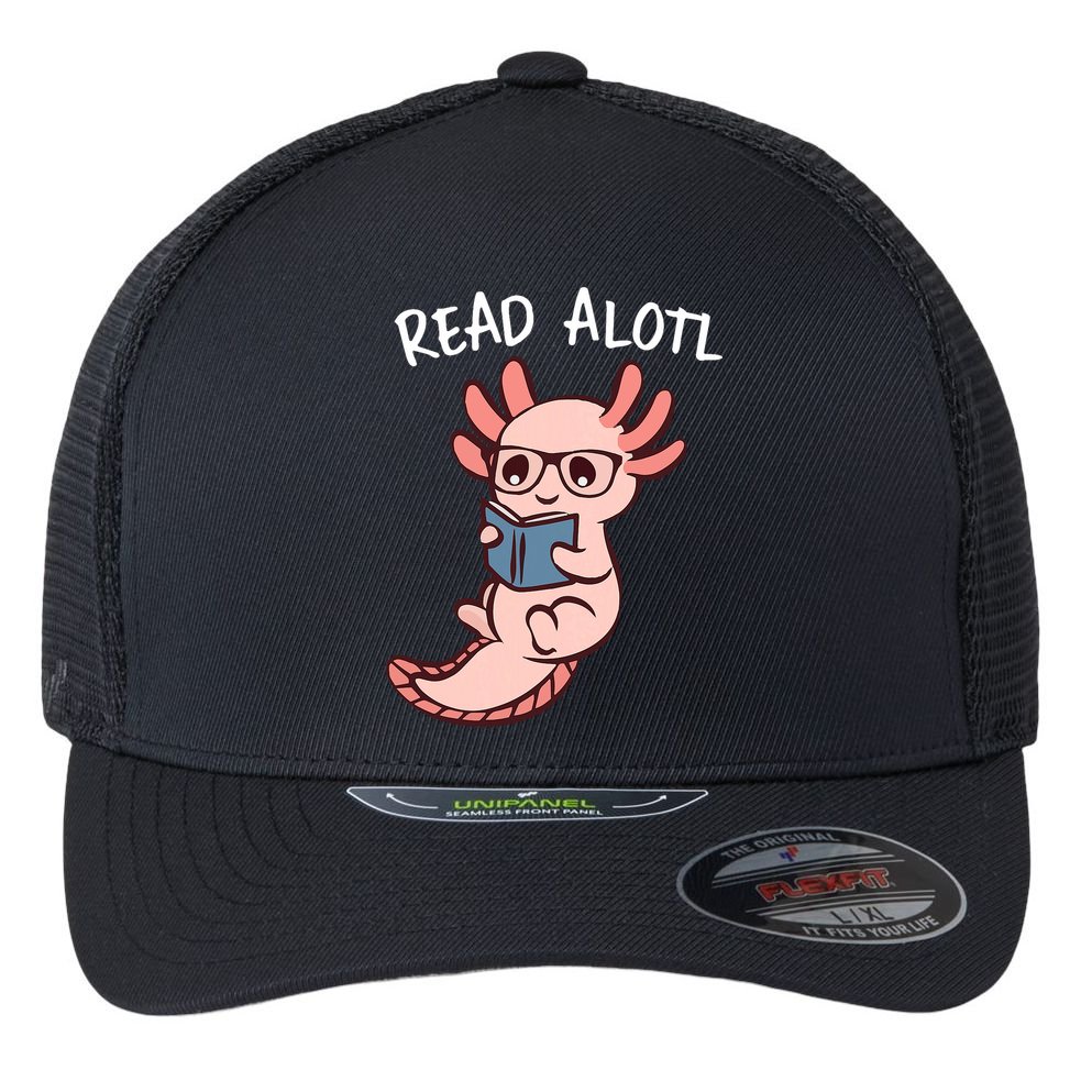 Axolotl Reading A Book, Read Alotl Books Funny Axolotl Book Flexfit Unipanel Trucker Cap
