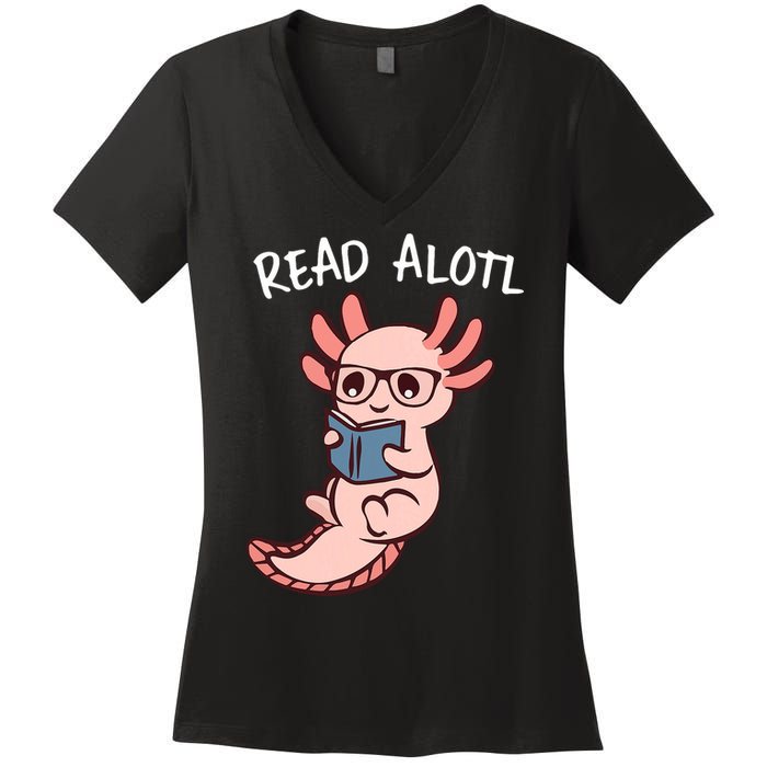 Axolotl Reading A Book, Read Alotl Books Funny Axolotl Book Women's V-Neck T-Shirt