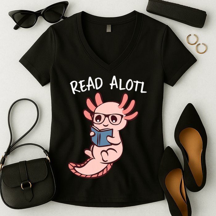 Axolotl Reading A Book, Read Alotl Books Funny Axolotl Book Women's V-Neck T-Shirt
