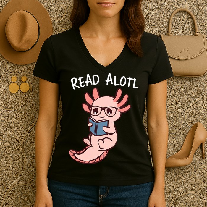 Axolotl Reading A Book, Read Alotl Books Funny Axolotl Book Women's V-Neck T-Shirt