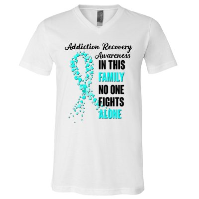 Addiction Recovery Awareness In This Family No One Fight Alone V-Neck T-Shirt