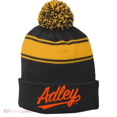 Adley Rutschman Baltimore Text Baltimore Baseball Stripe Pom Pom Beanie