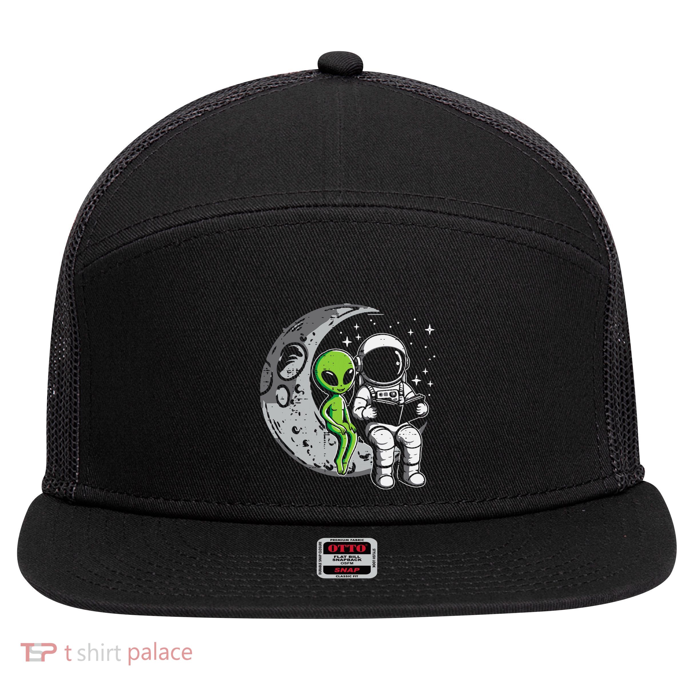 Astronaut Reading Book To Alien Moon Space 7 Panel Mesh Trucker Snapback Hat