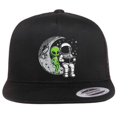 Astronaut Reading Book To Alien Moon Space Flat Bill Trucker Hat