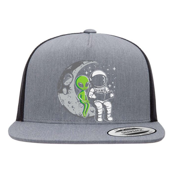 Astronaut Reading Book To Alien Moon Space Flat Bill Trucker Hat