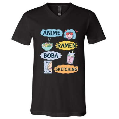 Anime Ramen Boba Sketching Kawaii Girl Anime Lover Gift V-Neck T-Shirt