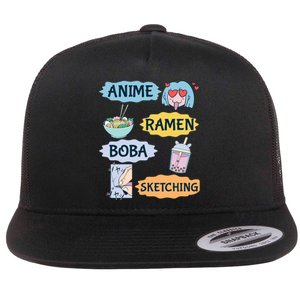 Anime Ramen Boba Sketching Kawaii Girl Anime Lover Gift Flat Bill Trucker Hat