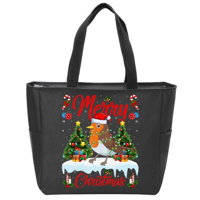 American Robin Bird Merry Christmas Tree Lighting Santa Xmas Zip Tote Bag