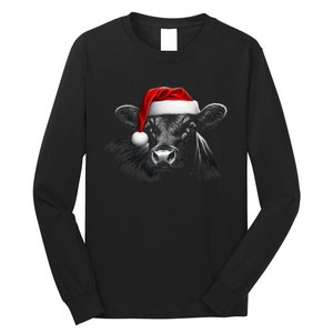 Angus Rancher Christmas Cow Santa Hat Black Long Sleeve Shirt