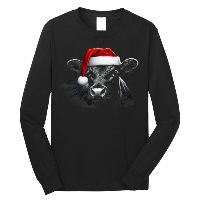 Angus Rancher Christmas Cow Santa Hat Black Long Sleeve Shirt