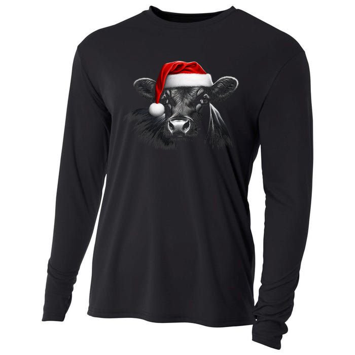 Angus Rancher Christmas Cow Santa Hat Black Cooling Performance Long Sleeve Crew