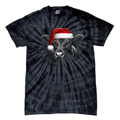 Angus Rancher Christmas Cow Santa Hat Black Tie-Dye T-Shirt