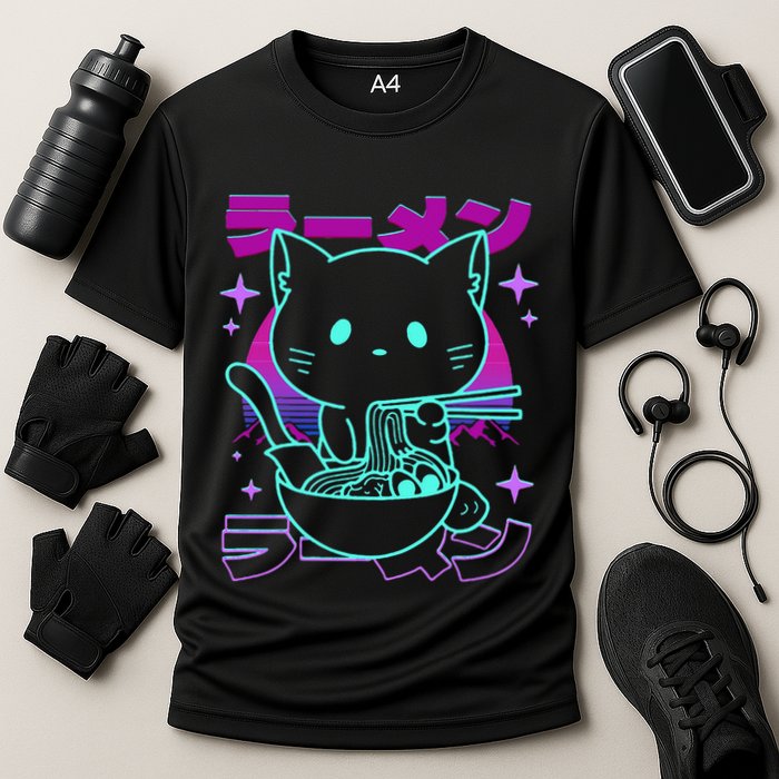 Anime Ramen Cat Retro Japanese Noodles Aesthetic Kawaii Cat Cooling Performance Crew T-Shirt