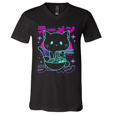 Anime Ramen Cat Retro Japanese Noodles Aesthetic Kawaii Cat V-Neck T-Shirt