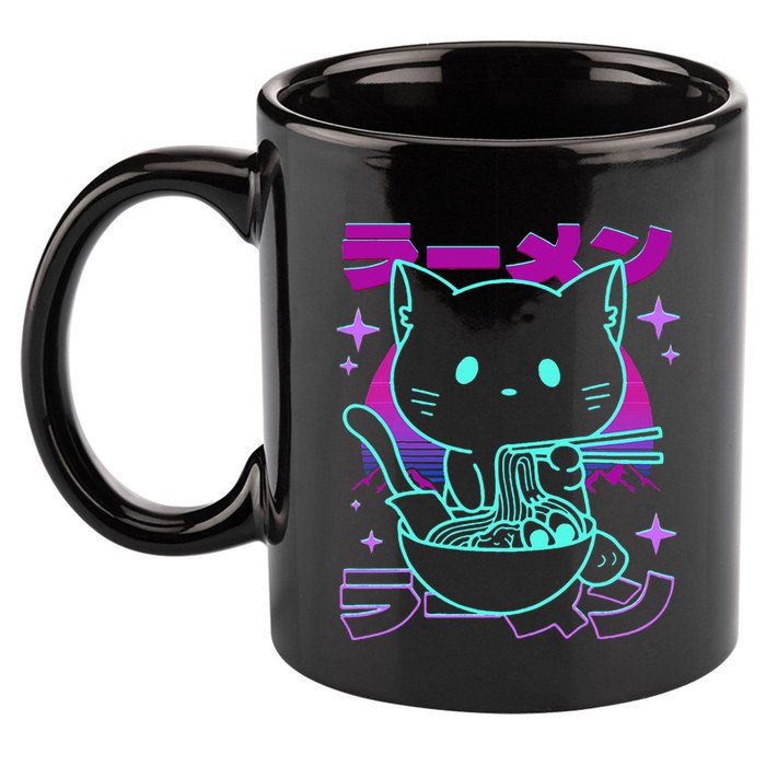 Anime Ramen Cat Retro Japanese Noodles Aesthetic Kawaii Cat 11oz C Handle Ceramic Mug