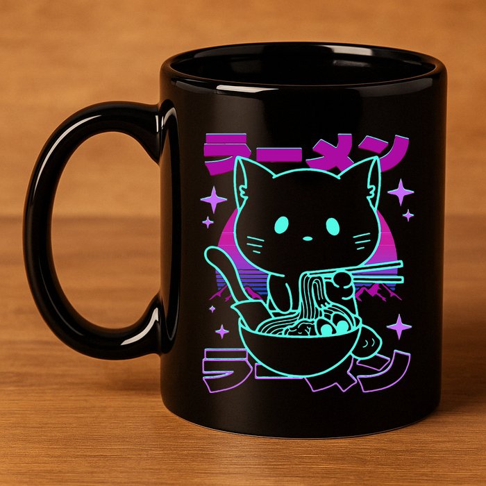 Anime Ramen Cat Retro Japanese Noodles Aesthetic Kawaii Cat 11oz C Handle Ceramic Mug