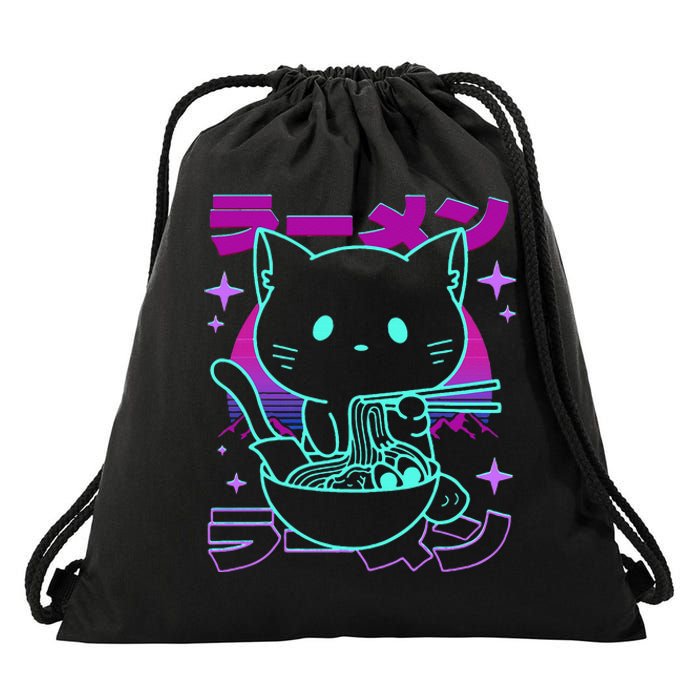 Anime Ramen Cat Retro Japanese Noodles Aesthetic Kawaii Cat Drawstring Bag