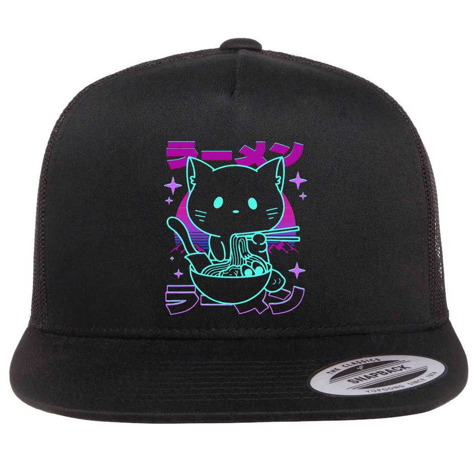Anime Ramen Cat Retro Japanese Noodles Aesthetic Kawaii Cat Flat Bill Trucker Hat
